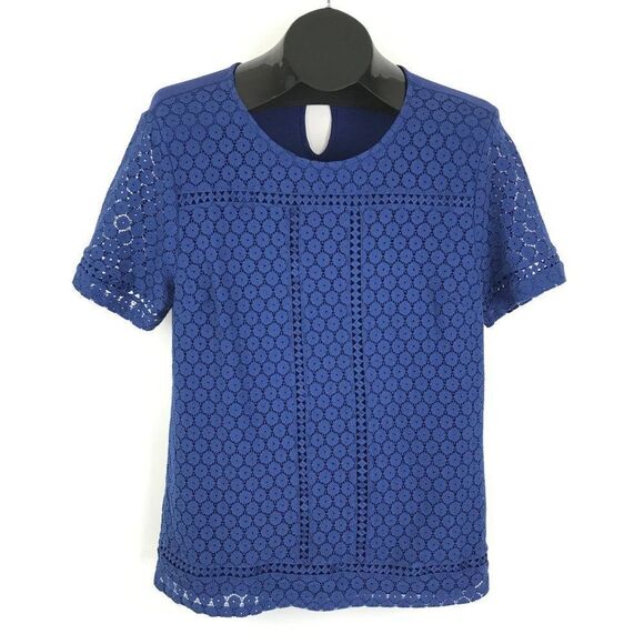 Badgley Mischka Blue Lace Overlay Top Women's Size Large Keyhole Stretch - Picture 1 of 10